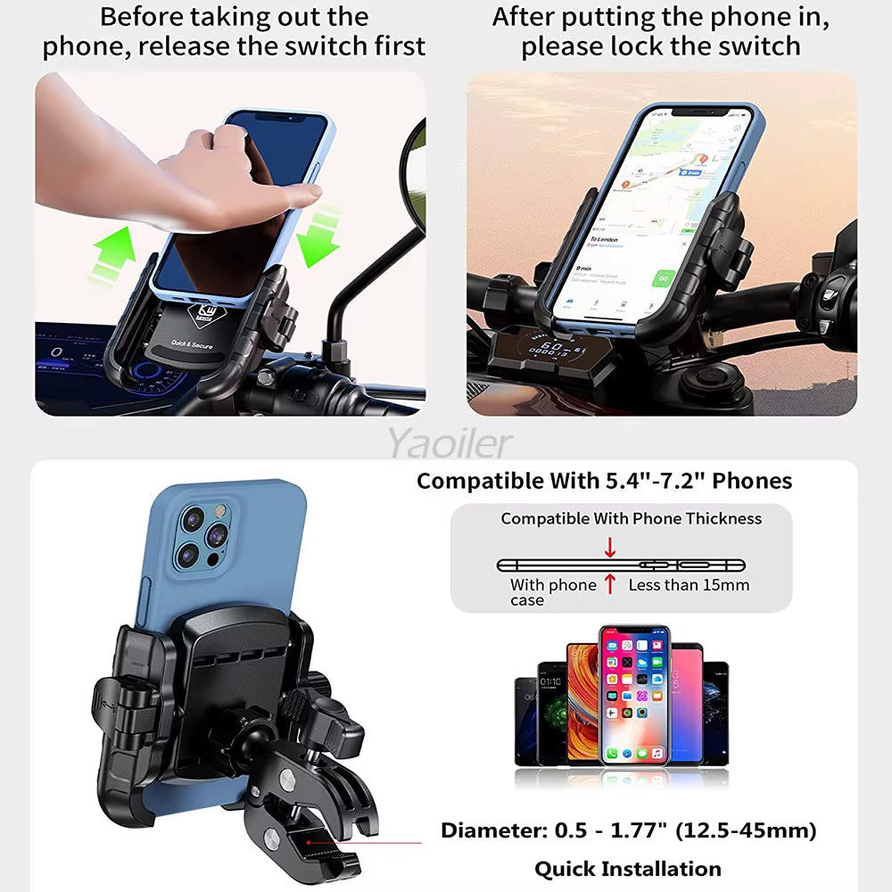 Aluminum Anti-Vibration Motorcycle Phone Mount Holder 1S Lock Camera Friendly Anti-Theft Handlebar for Bike Bicycle Scooter ATV