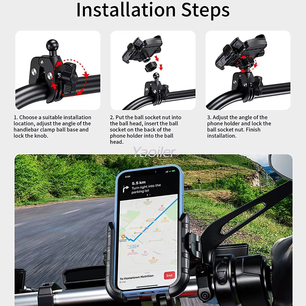 Aluminum Anti-Vibration Motorcycle Phone Mount Holder 1S Lock Camera Friendly Anti-Theft Handlebar for Bike Bicycle Scooter ATV
