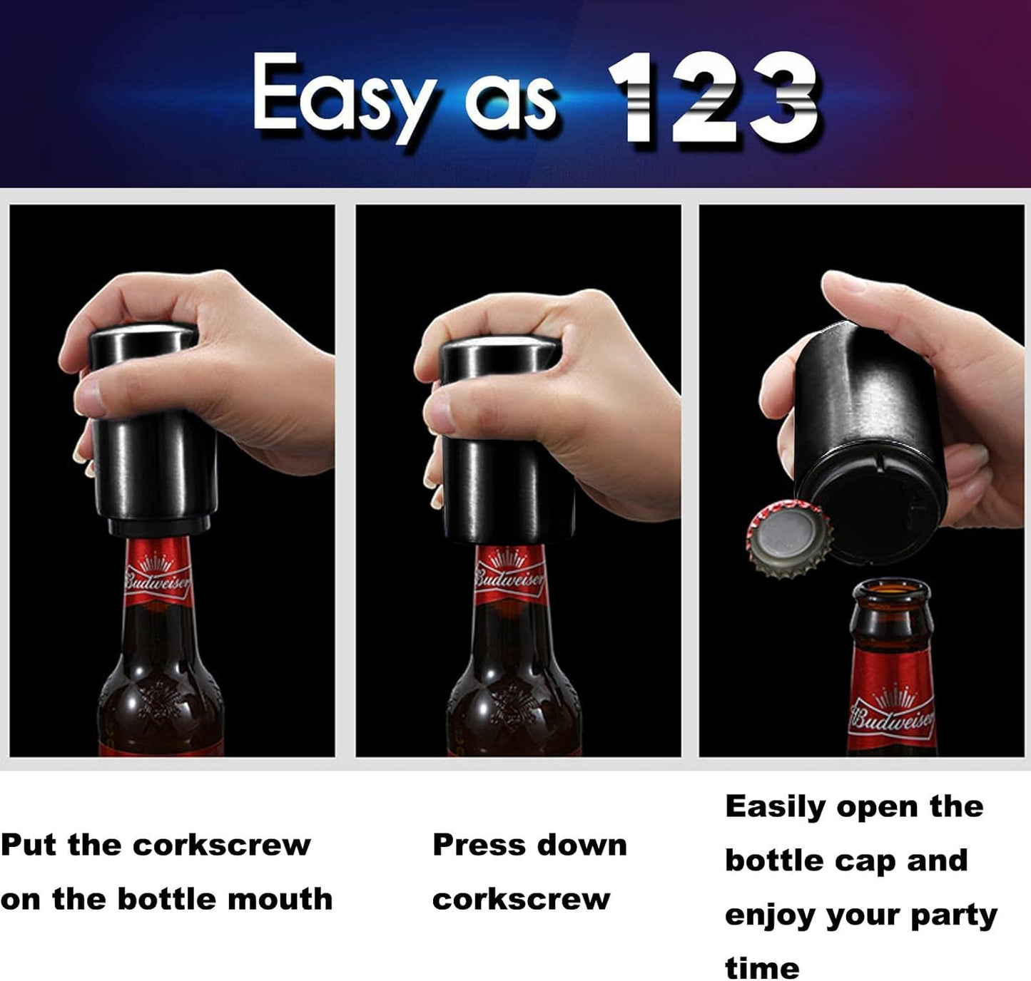 Father'S Day Gift for Dad, Push down Bottle Opener, Automatic Beer Openers, Stainless Steel Bottle Cap Mover, Funny Kitchen Gadgets, Beer Bar Accessories Gifts for Him BF, Magnetic Corkscrew
