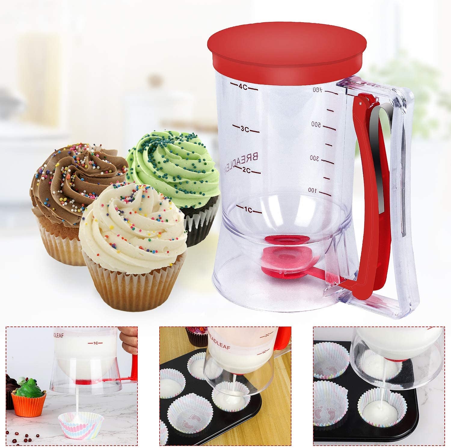 Pancake Batter Dispenser – 4-Cup Batter Dispenser with Squeeze Handle & Measuring Marks for Pancakes, Waffles, Muffins, Crepes & Cupcakes – Baking Tool(Red)