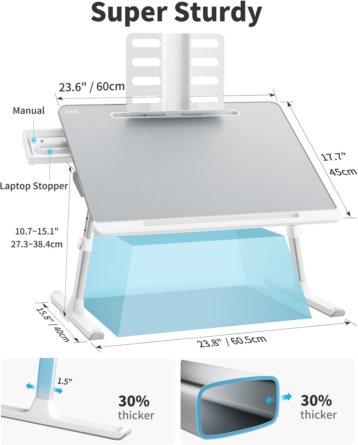 Laptop Tray,  60*45Cm Table Lap for Bed, Multi-Purpose Premium Lapdesk, Height Angle Adjustable, with Book Stand, Drawer, Tablet Slot, for Eating, Working, Writing, Gaming, Drawing (Light Grey)