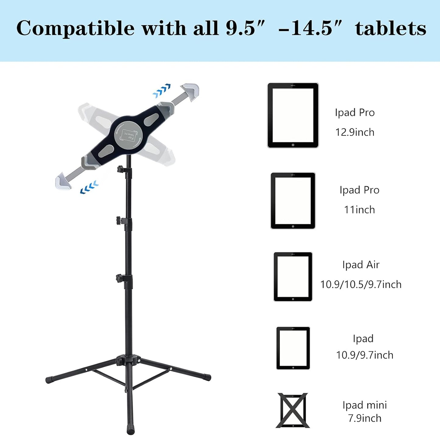 Ipad Tripod Stand, Height Adjustable Ipad Stand Floor, Tablet Holder Stand with 360 Degree Rotating Tablet Mount for Ipad Pro12.9, Ipad Air and Other Device within 9.5-14.5 Inch