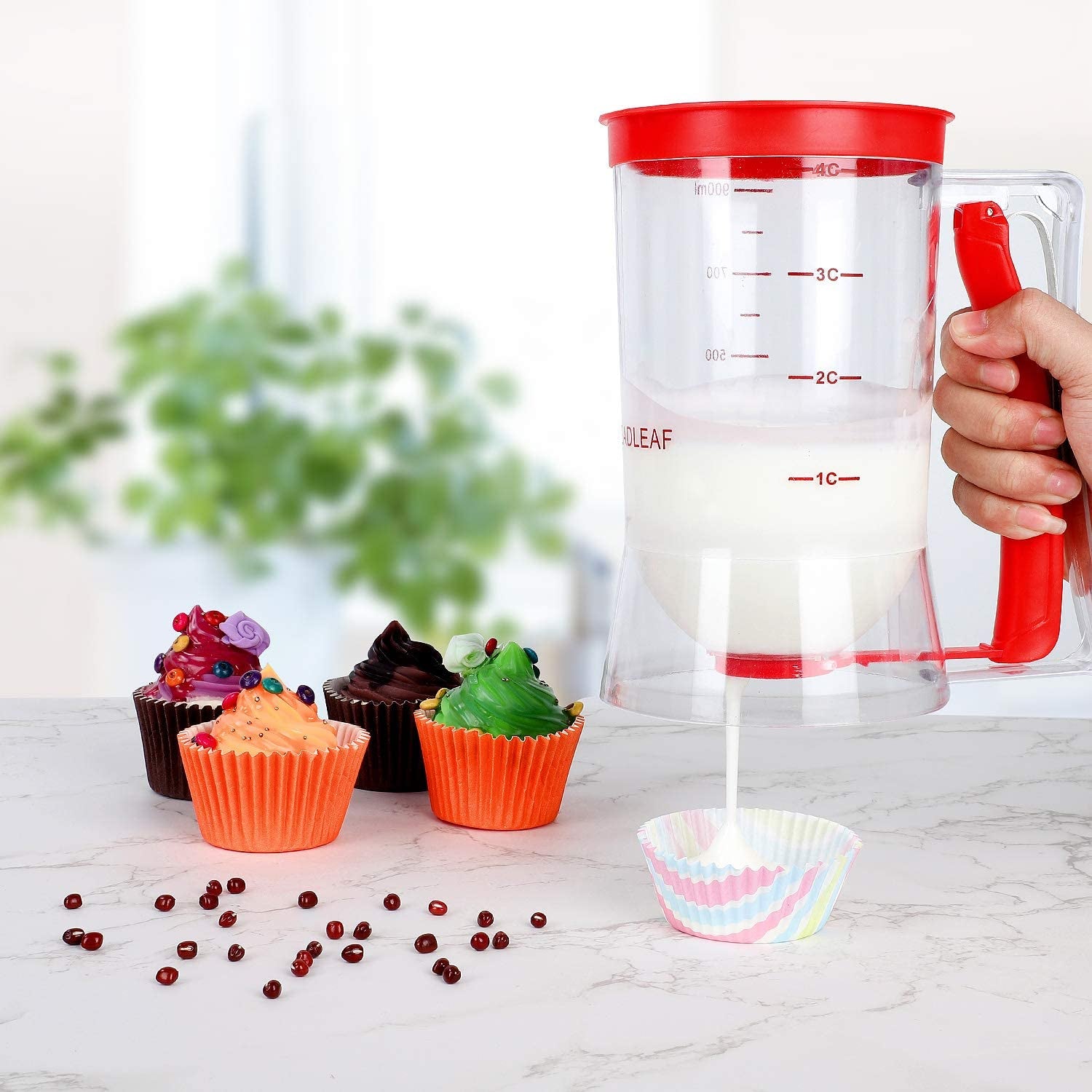 Pancake Batter Dispenser – 4-Cup Batter Dispenser with Squeeze Handle & Measuring Marks for Pancakes, Waffles, Muffins, Crepes & Cupcakes – Baking Tool(Red)