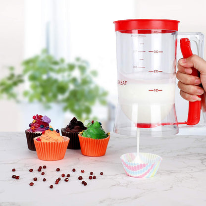 Pancake Batter Dispenser – 4-Cup Batter Dispenser with Squeeze Handle & Measuring Marks for Pancakes, Waffles, Muffins, Crepes & Cupcakes – Baking Tool(Red)