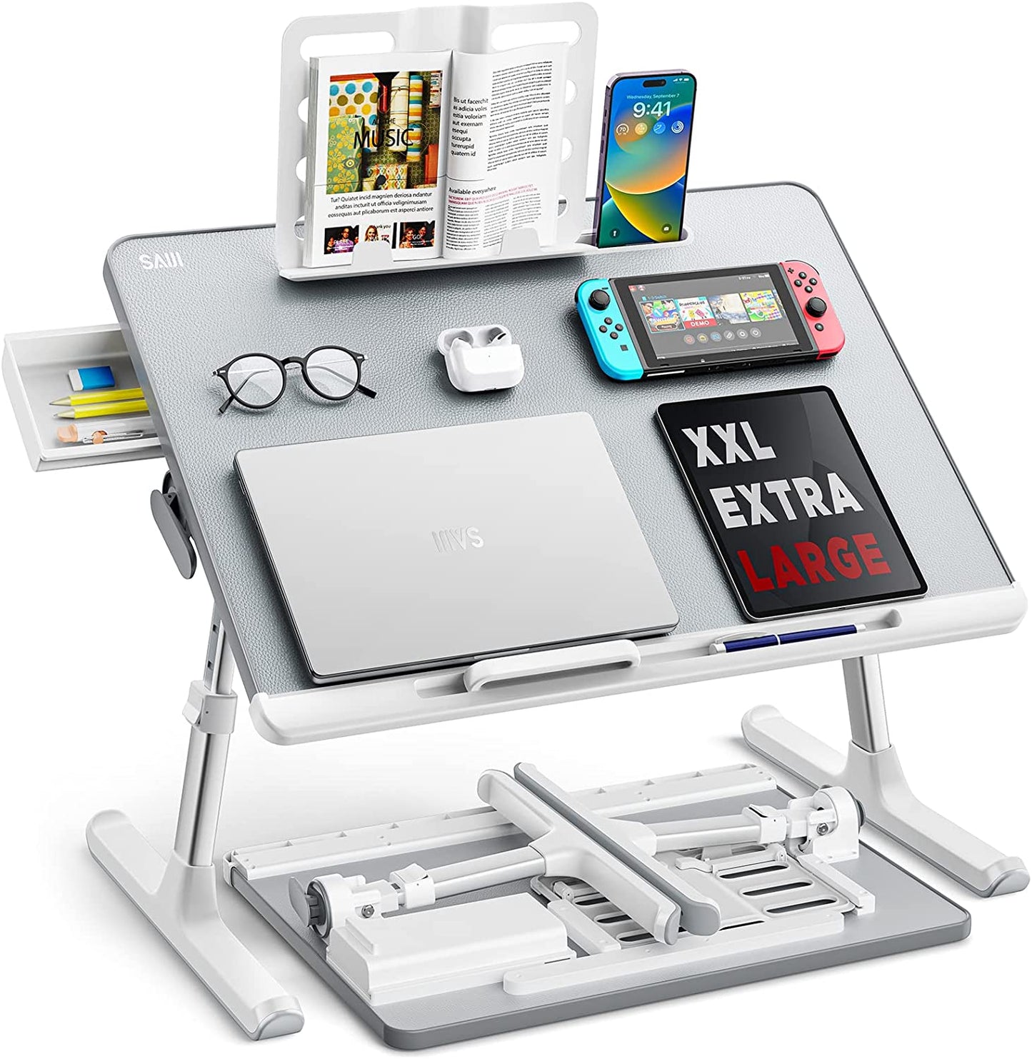 Laptop Tray,  60*45Cm Table Lap for Bed, Multi-Purpose Premium Lapdesk, Height Angle Adjustable, with Book Stand, Drawer, Tablet Slot, for Eating, Working, Writing, Gaming, Drawing (Light Grey)