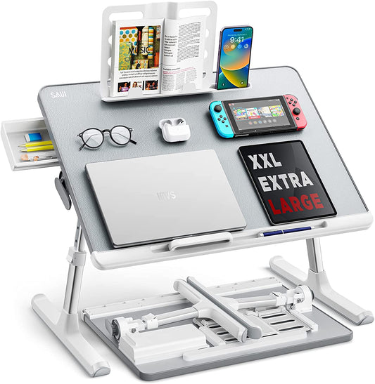 Laptop Tray,  60*45Cm Table Lap for Bed, Multi-Purpose Premium Lapdesk, Height Angle Adjustable, with Book Stand, Drawer, Tablet Slot, for Eating, Working, Writing, Gaming, Drawing (Light Grey)
