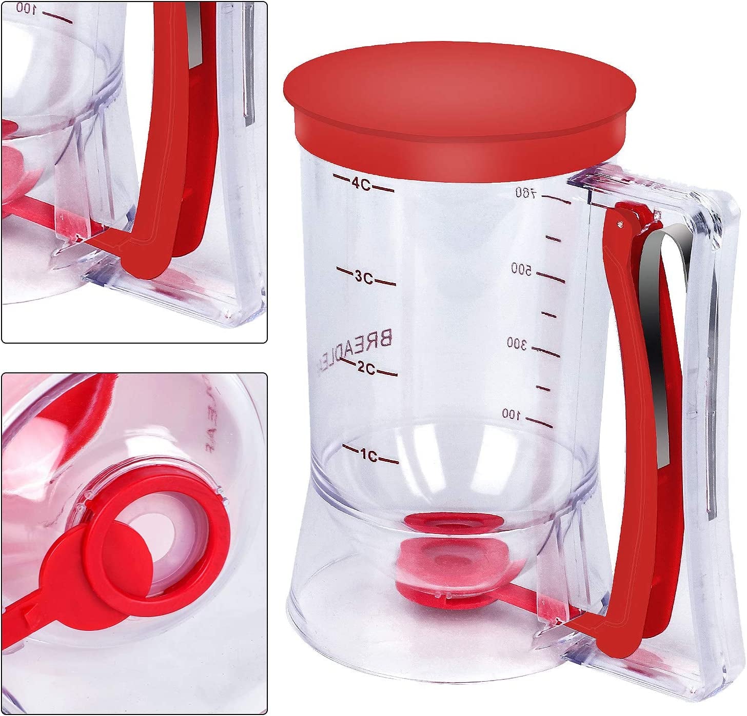 Pancake Batter Dispenser – 4-Cup Batter Dispenser with Squeeze Handle & Measuring Marks for Pancakes, Waffles, Muffins, Crepes & Cupcakes – Baking Tool(Red)
