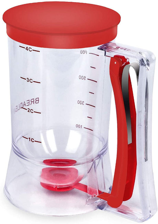 Pancake Batter Dispenser – 4-Cup Batter Dispenser with Squeeze Handle & Measuring Marks for Pancakes, Waffles, Muffins, Crepes & Cupcakes – Baking Tool(Red)