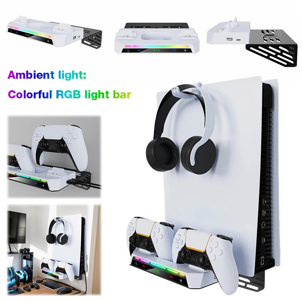 Shelf Floating Mount with Dual Controller Charger RGB Light Wall Stand W/ Headset Holder for PS5/PS5 Slim Disc & Digital Console