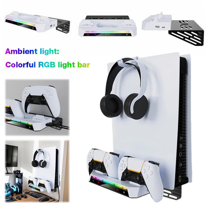 Shelf Floating Mount with Dual Controller Charger RGB Light Wall Stand W/ Headset Holder for PS5/PS5 Slim Disc & Digital Console