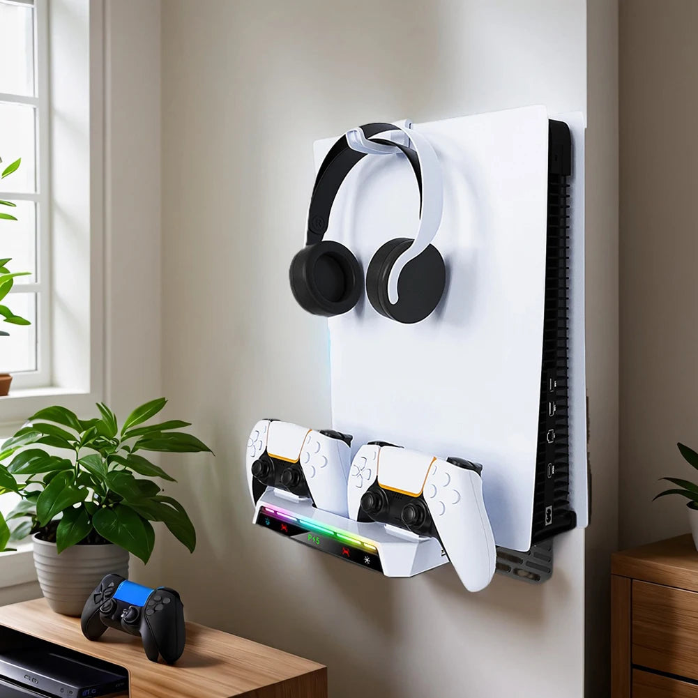 Shelf Floating Mount with Dual Controller Charger RGB Light Wall Stand W/ Headset Holder for PS5/PS5 Slim Disc & Digital Console