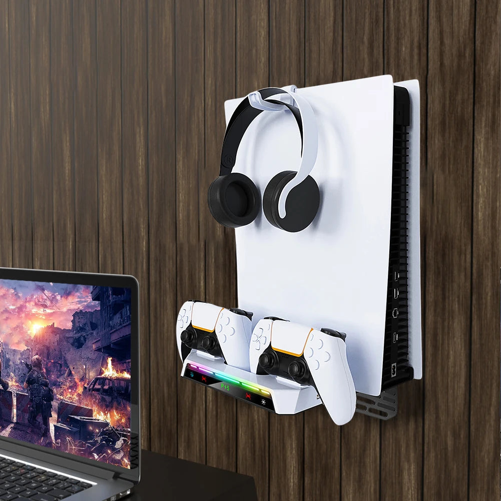 Shelf Floating Mount with Dual Controller Charger RGB Light Wall Stand W/ Headset Holder for PS5/PS5 Slim Disc & Digital Console