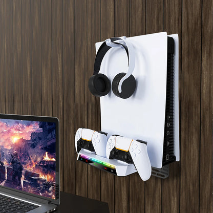 Shelf Floating Mount with Dual Controller Charger RGB Light Wall Stand W/ Headset Holder for PS5/PS5 Slim Disc & Digital Console