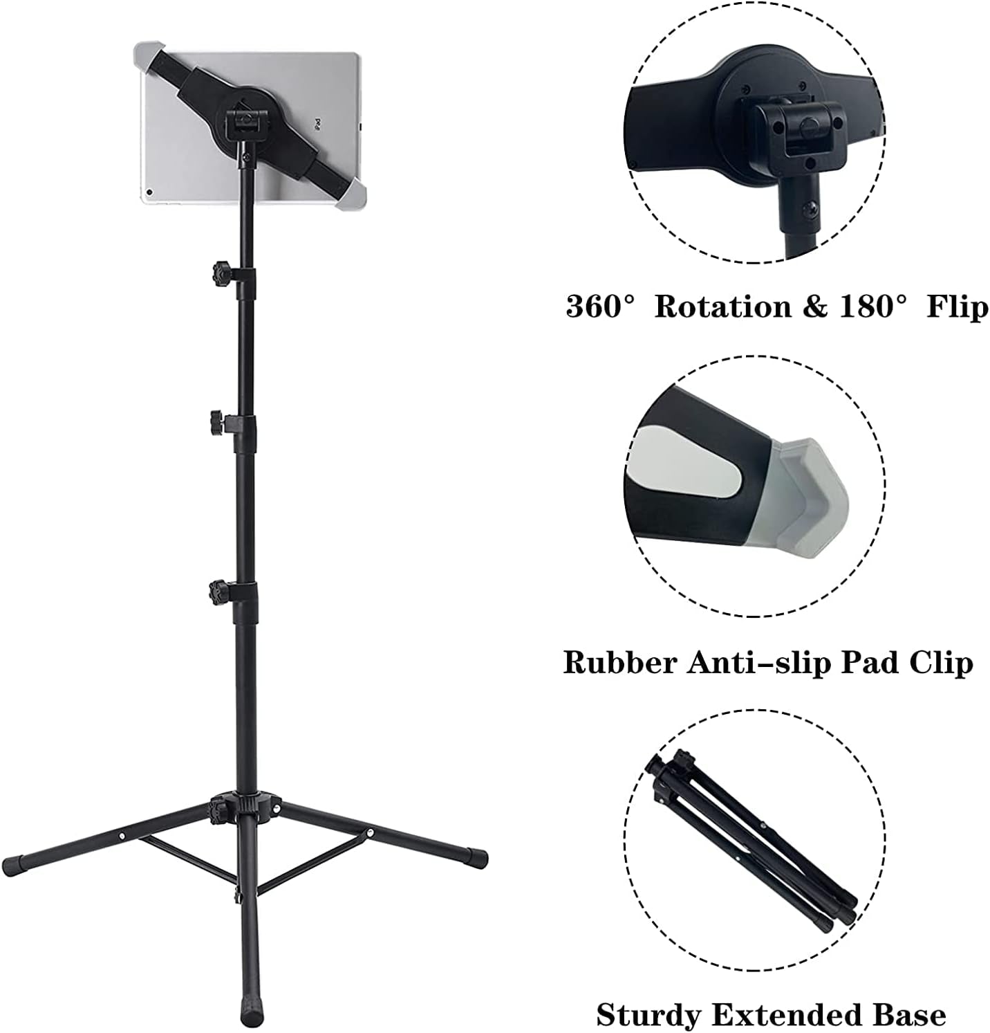 Ipad Tripod Stand, Height Adjustable Ipad Stand Floor, Tablet Holder Stand with 360 Degree Rotating Tablet Mount for Ipad Pro12.9, Ipad Air and Other Device within 9.5-14.5 Inch