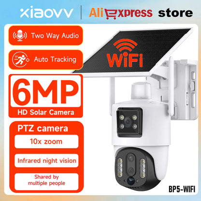 6MP Wireless Solar Camera Dual Lens Wifi PTZ Camera Outdoor Built-In Battery Video Surveillance Camera Long Time Standby Icsee