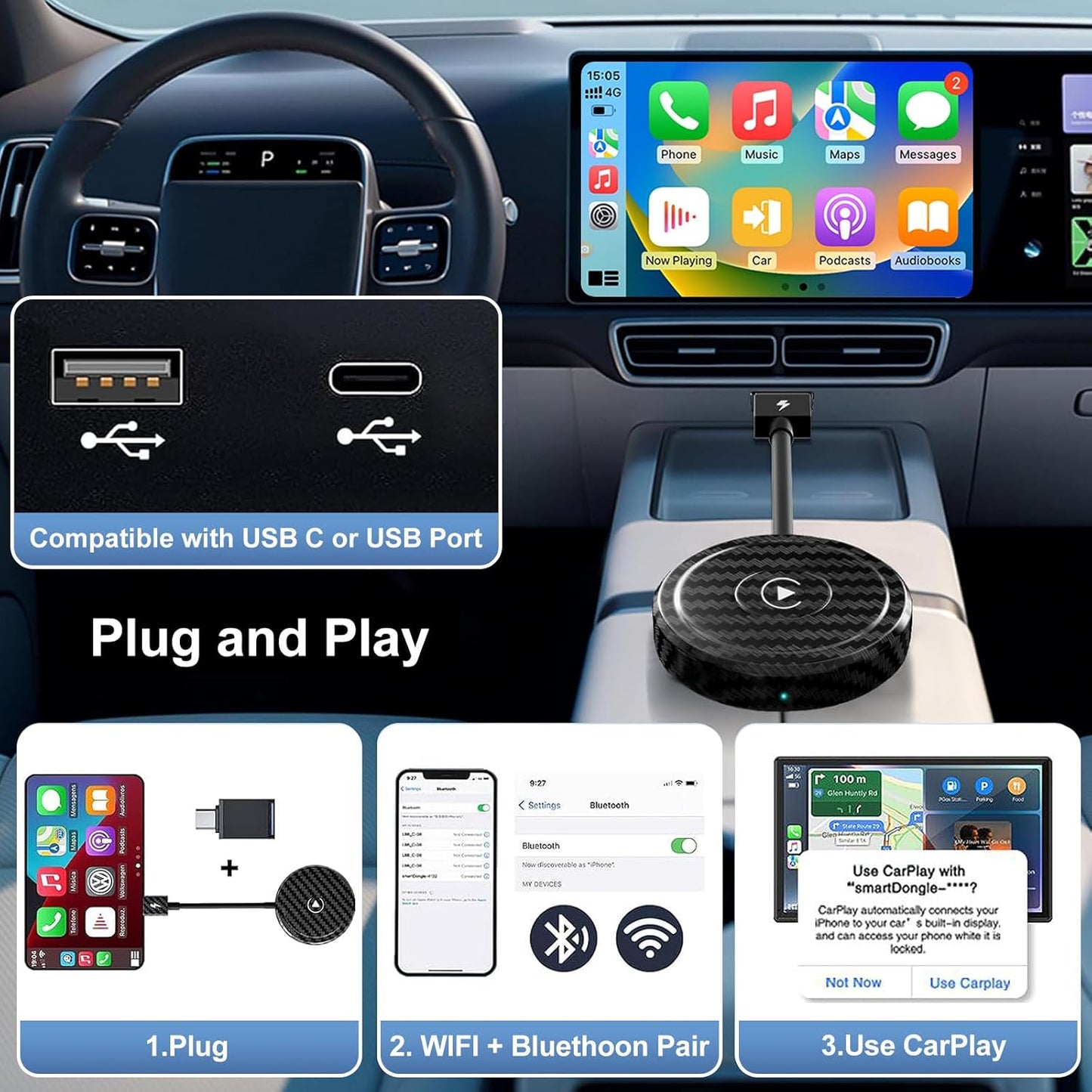 Carplay Wireless Adapter, Wireless Carplay Adapter for Apple 2024, Support Online Update Wired to Wireless Carplay Adapter, Super Mini Carplay Dongle for Iphone Plug and Play