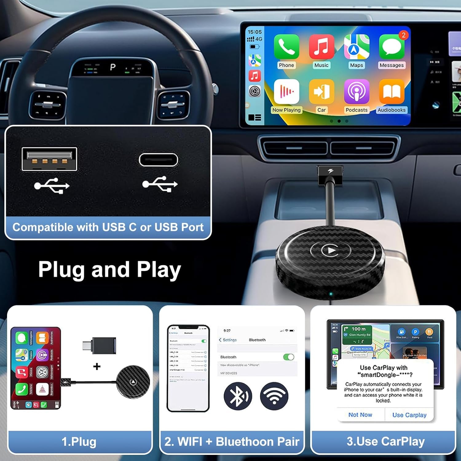 Carplay Wireless Adapter, Wireless Carplay Adapter for Apple 2024, Support Online Update Wired to Wireless Carplay Adapter, Super Mini Carplay Dongle for Iphone Plug and Play
