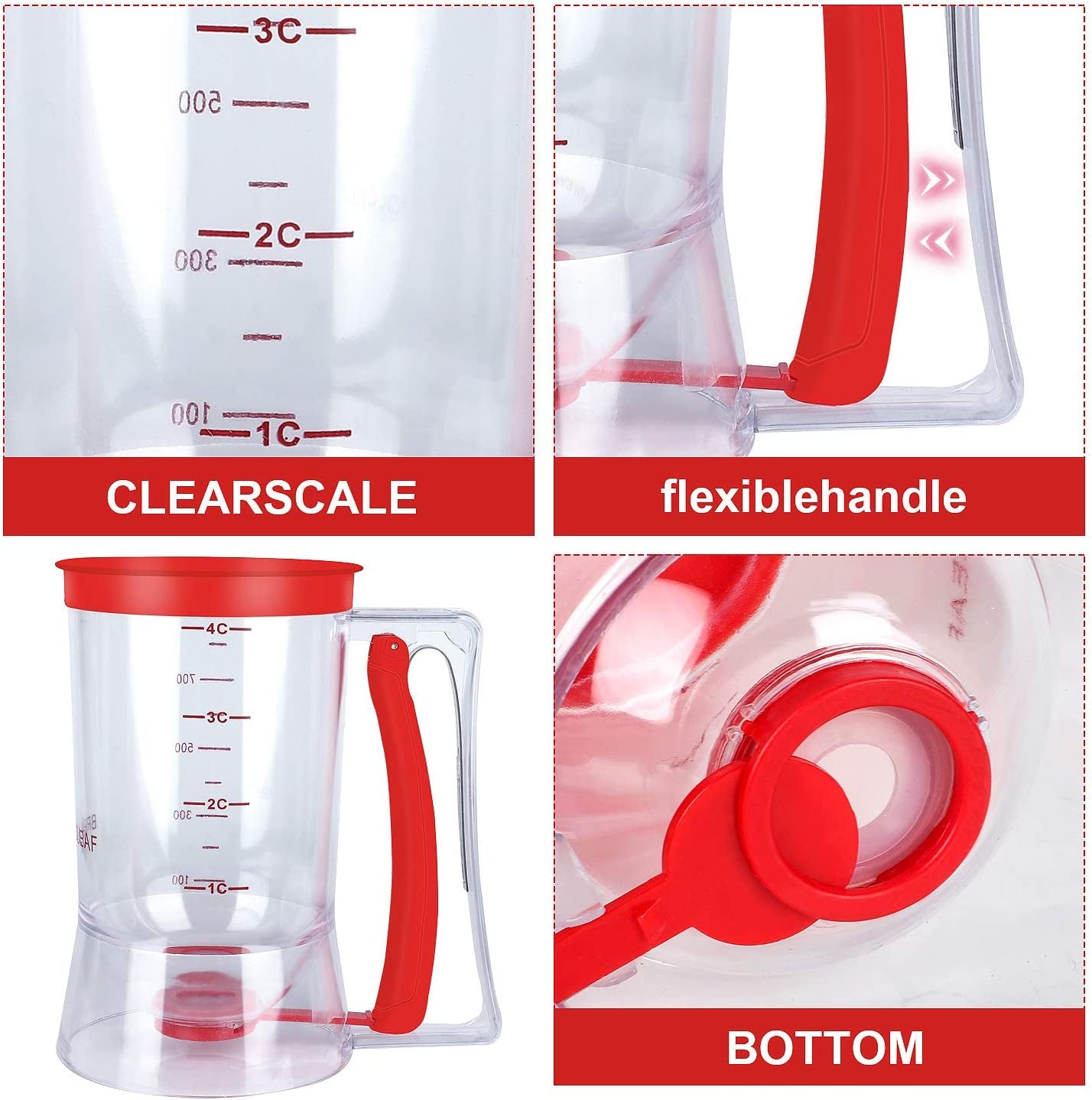 Pancake Batter Dispenser – 4-Cup Batter Dispenser with Squeeze Handle & Measuring Marks for Pancakes, Waffles, Muffins, Crepes & Cupcakes – Baking Tool(Red)