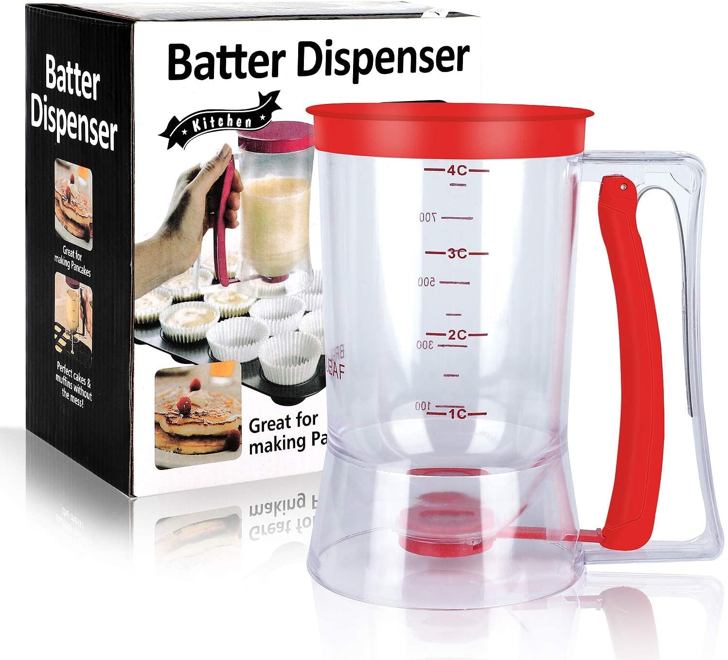 Pancake Batter Dispenser – 4-Cup Batter Dispenser with Squeeze Handle & Measuring Marks for Pancakes, Waffles, Muffins, Crepes & Cupcakes – Baking Tool(Red)